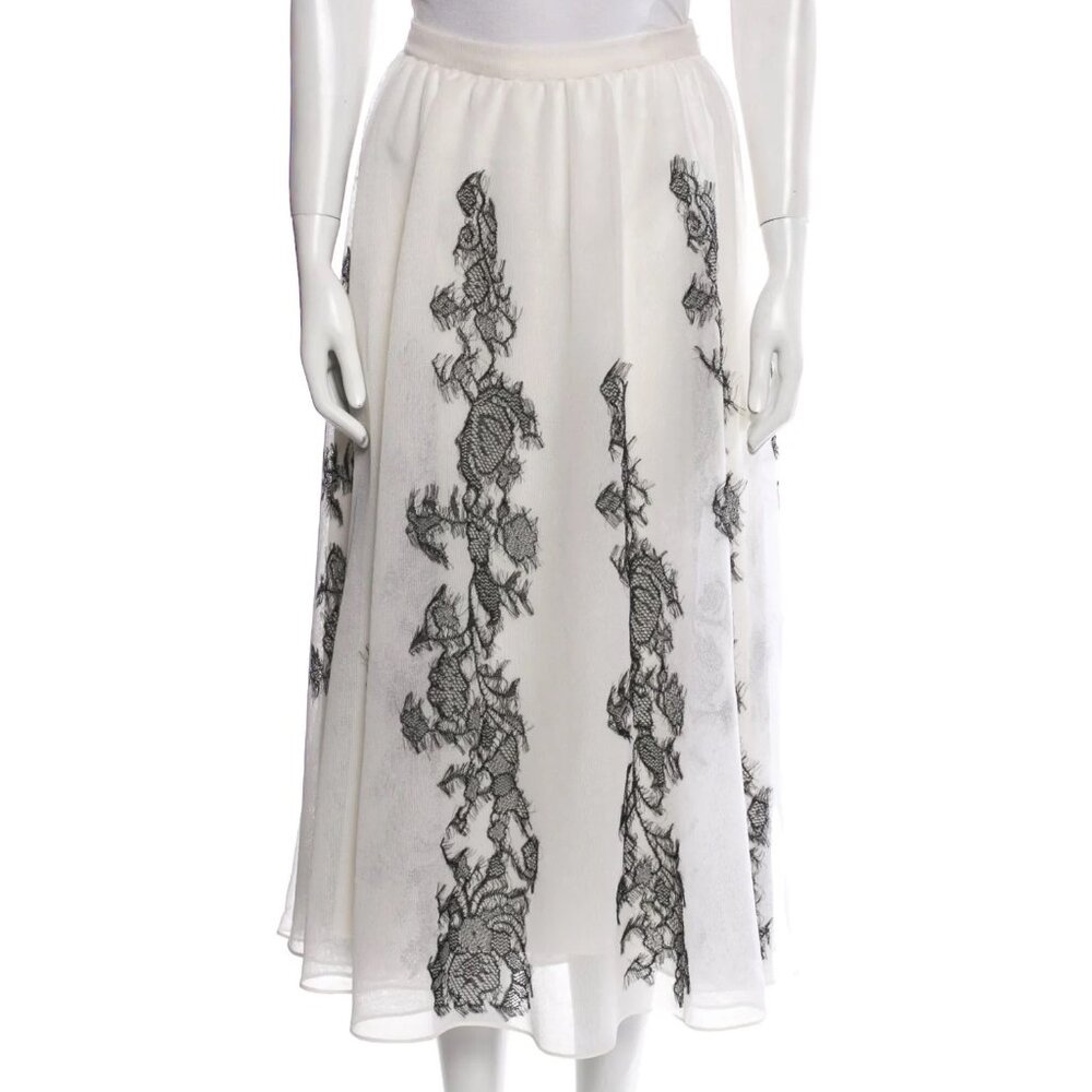 Christian Dior Silk Black and Ecru Floral Lace Midi Length Skirt